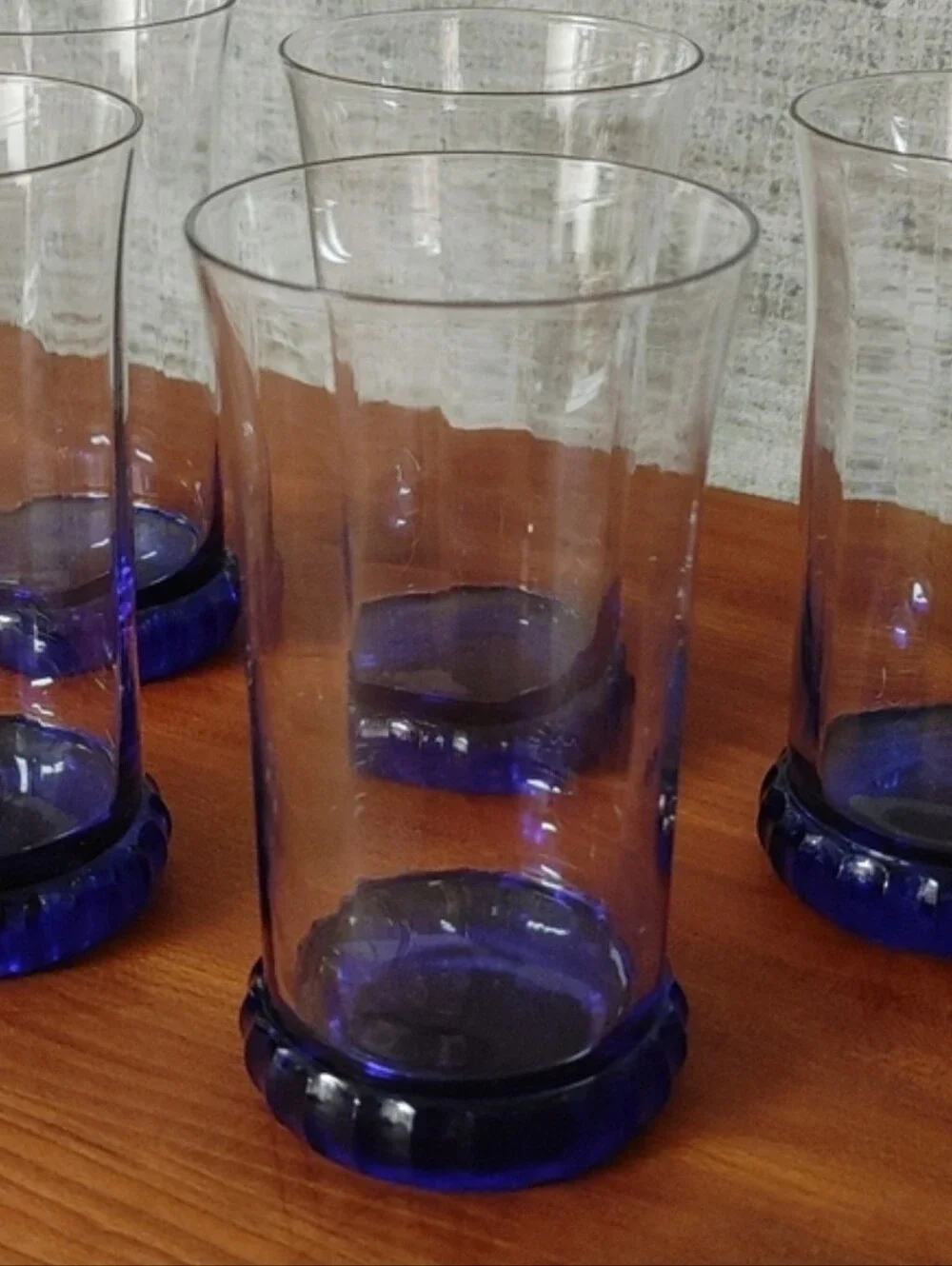 Vintage Cobalt Blue Base Clear Glass Tumbler - Set of 5